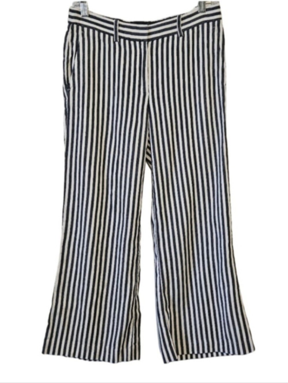 Theory Inza Linen Blend White Navy Striped Wide Leg Cropped Pants Size 4